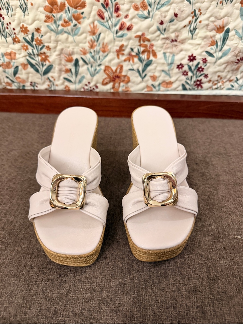 Women's White Wedge Slide Mules with Gold Buckle Accent